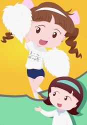 2girls :d arm_up blue_buruma blunt_bangs bow brown_eyes brown_hair buruma cheerleader chibi_maruko-chan child drill_hair female female_child female_focus hachimaki hair_bow hairband headband jogasaki_himeko jougasaki_himeko leg_up legs_together looking_at_viewer multiple_girls multiple_hair_bows no_sclera nojo_(gdkx5785) open_mouth parted_bangs pink_bow shirt short_hair short_sleeves smile socks sportswear t-shirt tied_hair tongue twin_drills twintails uchida_keiko white_shirt younger