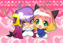  2000s_(style) 2girls :d :o ahoge animal_ears blonde_hair blue_dress blush cheek_press chibi commentary_request dress forehead full_body gradient_hair green_eyes guchuko guchurimu_genrishugi hair_intakes hair_ornament hand_on_own_cheek hand_on_own_face heart heart-shaped_pupils highres long_hair looking_at_viewer medium_hair multicolored_hair multiple_girls no_fingers no_nose pac-man_eyes parted_bangs pink_background pink_hair potemayo potemayo_(character) purple_hair shadow short_sleeves smile star-shaped_pupils star_(symbol) streaked_hair symbol-shaped_pupils tongue tongue_out two-tone_hair v-shaped_eyebrows very_long_hair violet_eyes 