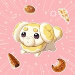  :o bagel bread brown_eyes commentary_request croissant emphasis_lines fidough food full_body highres kaminokefusa looking_at_viewer no_humans open_mouth outline pink_background planet pokemon pokemon_(creature) simple_background solo star_(symbol) sun_symbol triangle_mouth ufo white_outline 