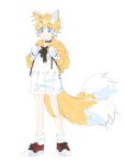  1boy animal_ears banri_0917 blonde_hair blue_eyes closed_mouth commentary_request fox_boy fox_ears fox_tail full_body gloves highres hood hoodie humanization korean_commentary long_sleeves male_focus multiple_tails overalls red_footwear shoes short_hair shorts simple_background smile solo sonic_(series) standing tail tails_(sonic) two_tails white_background white_gloves white_overalls yellow_hoodie 