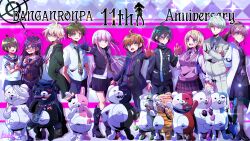  5boys 5girls absurdres ahoge akamatsu_kaede anniversary bandaged_arm bandages bear black_pants black_shirt blonde_hair blue_hair blue_skirt blush brown_hair cigar closed_mouth commentary_request danganronpa:_trigger_happy_havoc danganronpa_(series) danganronpa_2:_goodbye_despair danganronpa_3_(anime) danganronpa_another_episode:_ultra_despair_girls danganronpa_v3:_killing_harmony english_text enoshima_junko eyepatch fedora flower fukawa_toko glasses gloves gold_necklace gold_teeth green_eyes green_hair green_jacket green_necktie grey_hair guitar hair_ornament hat highres hinata_hajime holding holding_flower instrument jacket jewelry kirigiri_kyoko komaeda_nagito kujira_pyon_ka kurokuma_(danganronpa) lock long_hair mole mole_under_mouth monodam monokid monokuma monomi_(danganronpa) monophanie monosuke monotaro_(danganronpa) multiple_boys multiple_girls munakata_kyousuke musical_note musical_note_hair_ornament musical_note_print naegi_komaru naegi_makoto neckerchief necklace necktie open_mouth pants pointing ponytail purple_hair purple_necktie purple_shirt purple_skirt rabbit red_neckerchief red_necktie robot round_eyewear saihara_shuichi scarf school_uniform serafuku sharp_teeth shirokuma_(danganronpa) shirt short_hair signature silhouette skirt smile suit teeth torn_clothes torn_neckerchief upper_teeth_only violet_eyes white_hair white_necktie white_shirt white_suit yukizome_chisa 