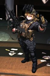  1girl american_flag ammunition_pouch assault_rifle black_gloves black_pants black_shoes blonde_hair brown_vest bulletproof_vest combat_helmet commentary commission epakim escape_from_tarkov full_body game_screenshot_background gloves gun gun_sling helmet highres holding holding_gun holding_magazine_(weapon) holding_weapon knee_pads looking_at_viewer m4_carbine magazine_(weapon) mechanix_wear night_vision_device original pants pouch red_eyes rifle scar scar_across_eye scar_on_face screenshot_background shoes single_knee_pad solo standing suppressor tactical_clothes vest weapon 