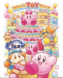  armor artist_request bag blue_eyes blush book box bronto_burt cardboard_box commentary display english_commentary english_text hammer hat highres holding holding_book holding_box holding_stuffed_toy jacket kirby kirby's_return_to_dream_land kirby:_planet_robobot kirby_(series) mask meta_knight no_humans official_art open_book open_mouth pom_pom_(clothes) red_hat red_jacket robo_dedede robobot_armor scarfy second-party_source shopping_bag sign smile sparkling_eyes star_(symbol) star_balloon stuffed_toy ufo_(kirby) waddle_dee waddle_doo wand 