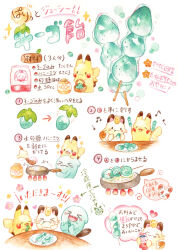  absurdres berry_(pokemon) colored_pencil_(medium) commentary_request frying_pan glalie highres meowth musical_note open_mouth painting_(medium) pikachu pokemon pokemon_(creature) rawst_berry recipe slurpuff spinda staryu traditional_media translation_request watercolor_(medium) wobbuffet yukichi_0611 