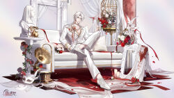  1boy ambiguous_red_liquid antique_phone ayer_(white)_(yueying_bieshu) bird birdcage brooch bust_(sculpture) cage candle chinese_commentary closed_mouth commentary_request copyright_logo copyright_notice couch cross cross-laced_shoes cross_fleury curtained_hair curtains cushion domino_mask dove dress_pants dress_shoes earrings empty_picture_frame eye_mask fabric feathers figure_four_sitting flower flower_brooch flower_earrings fold-over_collar full_body gem glint gold_choker gold_earrings gold_flower gold_ring grey_background hair_between_eyes hand_in_pocket hand_up highres jacket jewelry lapel_pin lapels lips logo long_sleeves looking_at_viewer male_focus mask masquerade_mask medium_hair multiple_rings necklace notched_lapels official_art on_couch pants pearl_necklace pectoral_cleavage pectorals petals phone phonograph picture_frame pillar plant red_eyes red_flower red_gem red_ribbon red_rose ribbon ring rose rose_petals rotary_phone round_table see-through_curtains shadow shirt shoes simple_background sitting smile solo statue suit suit_jacket table tassel unworn_jewelry unworn_mask unworn_necklace vines white_feathers white_flower white_hair white_jacket white_pants white_rose white_shoes white_suit wooden_floor yellow_shirt yueying_bieshu 
