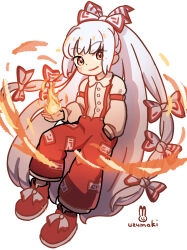  1girl blush_stickers bow buttons closed_mouth collared_shirt commentary_request fire fujiwara_no_mokou full_body hair_bow hand_in_pocket highres long_hair long_sleeves looking_at_viewer multiple_hair_bows pants red_pants red_shoes shirt shoes sidelocks signature simple_background smile solo standing suspenders touhou uzumaki_osushi very_long_hair white_background white_bow white_hair white_shirt yellow_eyes 