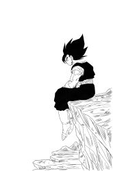  1boy absurdres boots dougi dragon_ball dragon_ball_z earrings from_side full_body gloves highres jewelry male_focus medium_hair pants potara_earrings profile roub3d sash shirt simple_background sitting solo spiky_hair vegetto white_background 