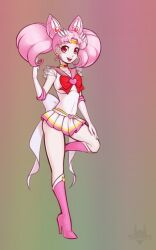  1girl bishoujo_senshi_sailor_moon boots brooch chibi_usa choker cone_hair_bun double_bun elbow_gloves gloves hair_bun hair_ornament heart heart_belt heart_brooch heart_choker highres jewelry long_hair miniskirt multicolored_skirt pink_boots pink_hair pink_sailor_collar sailor_chibi_moon sailor_collar sailor_senshi_uniform scorpdk skirt standing standing_on_one_leg super_sailor_chibi_moon twintails white_gloves 