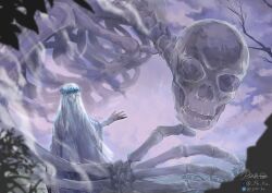  1girl absurdres cloak clouds cloudy_sky doll_joints dress elden_ring elden_ring_nightreign flower_wreath ghost headdress highres jewelry joints long_hair pin.s revenant_(elden_ring) skeleton sky tagme watermark waving white_dress white_hair 