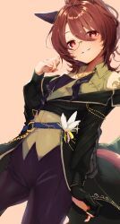  1girl absurdres agnes_tachyon_(umamusume) animal_ears black_jacket black_pants blush brown_hair ear_covers gorioshi0802 green_shirt hair_between_eyes highres horse_ears horse_girl horse_tail jacket long_sleeves looking_at_viewer medium_hair monocle pants parted_lips red_eyes shirt smile solo tail umamusume waist_cape 