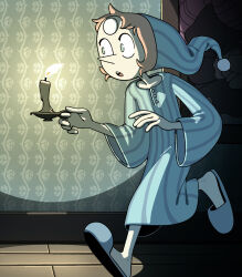  1girl :o candle discount-supervillain fire forehead_jewel gem gem_(steven_universe) hat highres nightgown pearl_(gemstone) pearl_(steven_universe) pointy_nose short_hair slippers solo steven_universe toon_(style) victorian walking 