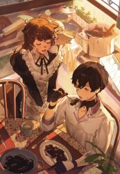  1boy 1girl animal_ears animal_on_shoulder apron bird black_dress black_gloves black_hair black_neckerchief blue_eyes bowl box brown_hair brown_ribbon burnt_food chair closed_eyes cocoa_(shinyshynii) collarbone commentary cookie_(shinyshynii) crossed_bangs cup dirty dirty_clothes dirty_face dress earrings ears_down eating egg english_commentary flower_pot fork frilled_apron frills from_above gloves hair_between_eyes hair_ornament hair_ribbon hairpin highres holding holding_fork indoors jewelry knife long_hair long_sleeves mole mole_under_eye mug multiple_hairpins neckerchief necklace open_mouth original owl own_hands_together plant plate raven_(shinyshynii) ribbon rolling_pin scrambled_egg shinyshynii shirt short_hair short_sleeves sidelighting single_tear sitting smile spoon sweatdrop swept_bangs table tablecloth white_apron white_shirt white_wrist_cuffs window window_light wolf_ears wolf_girl wooden_spoon wrist_cuffs 