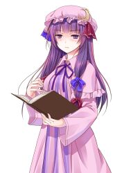  1girl blue_bow blush book bow closed_mouth commentary_request cowboy_shot crescent crescent_hat_ornament crote dress hair_bow hat hat_ornament highres holding holding_book large_variant_set long_hair long_sleeves looking_at_viewer mob_cap neck_ribbon patchouli_knowledge pink_hat pink_robe purple_hair purple_ribbon red_bow ribbon robe solo striped_clothes striped_dress tachi-e touhou transparent_background variant_set vertical-striped_clothes vertical-striped_dress violet_eyes 