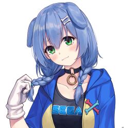 1girl absurdres animal_ears black_choker black_shirt blue_hair blue_jacket blush bone_hair_ornament braid braided_twintails choker closed_mouth commentary_request dog_ears double-parted_bangs gloves grabbing_own_hair green_eyes hair_between_eyes hair_ornament hairclip head_tilt highres holding holding_own_hair hololive hood hooded_jacket inugami_korone inugami_korone_(sonikoro) jacket long_hair looking_at_viewer low_twin_braids low_twintails o-ring o-ring_choker official_alternate_costume official_alternate_eye_color official_alternate_hair_color parallel_hairclips sega shirt simple_background smile solo transparent_background traveler_(artbbt) twin_braids twintails twirling_hair upper_body virtual_youtuber white_gloves 