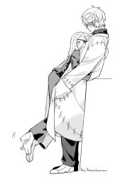  1boy 1girl coat commentary_request couple eyepatch franken_stein_(soul_eater) greyscale hand_in_pocket hetero high_heels highres hissiu hug leaning_back looking_at_another marie_mjolnir monochrome object_through_head screw_in_head simple_background soul_eater white_background 