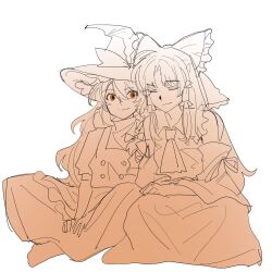  2girls apron ascot bow braid closed_mouth commentary detached_sleeves english_commentary frilled_bow frilled_hair_tubes frills hair_bow hair_tubes hakurei_reimu hat hat_bow highres kirisame_marisa kouyicha leaning_on_person long_hair monochrome multiple_girls orange_theme side_braid simple_background single_braid sitting sketch sleeping sleeping_on_person smile touhou vest white_background witch_hat yuri 