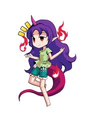  1girl barefoot breasts chibi chibi_only commentary_request dairi full_body green_shirt green_shorts horns large_variant_set long_hair pink_horns purple_hair red_eyes red_tail shirt shorts simple_background single_horn solo tachi-e tenkajin_chiyari test_tube touhou transparent_background variant_set very_long_hair 