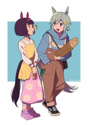 2girls alternate_costume animal_ears bag baguette belt_buckle black_shoes blue_background blue_hoodie blush bob_cut bread brown_overalls buckle bug butterfly butterfly_on_nose casual center-flap_bangs clothes_writing commentary dress ear_covers ear_scrunchie floral_print flower_hairpin food frilled_shirt_collar frills full_body green_hair grey_pants hair_between_eyes hairband hand_in_pocket heel_up highres holding_bread hood hood_down hoodie horse_ears horse_girl horse_tail invisible_floor long_sleeves looking_ahead looking_at_animal looking_at_another looking_to_the_side multiple_girls nishino_flower_(umamusume) one_side_up open_mouth overalls pants paper_bag peanut_mouth pink_hairband pink_shoes pocket print_bag print_hoodie purple_hair seiun_sky_(umamusume) shirt_under_dress shoes shopping_bag short_hair single_ear_cover sneakers spaghetti_strap spring_onion standing symbol-only_commentary tail teddy_(takarada) triangle_mouth twitter_username two-tone_background umamusume v_arms violet_eyes white_background yellow_dress 