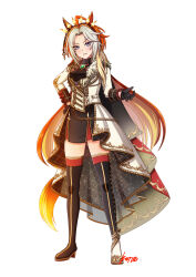  1girl absurdres ahoge animal_ears ascot asymmetrical_footwear black_ascot black_boots black_gloves black_skirt blue_eyes blush boots coat commentary_request ear_covers full_body fur_trim gem gloves green_gem highres horse_ears horse_girl horse_tail jacket konsu_(konsu1182da) long_hair long_sleeves looking_at_viewer mismatched_footwear multicolored_hair orange_hair orfevre_(control)_(umamusume) orfevre_(umamusume) parted_lips shirt simple_background single_ear_cover skirt smile solo tail thigh_boots two-tone_hair umamusume waist_cape white_background white_boots white_coat white_hair 