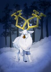  antlers aqua_eyes artist_name commentary_request deer highres horns mi_ho_chi no_humans outdoors pokemon pokemon_(creature) pokemon_focus snow solo standing tree winter wyrdeer 