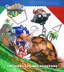  2boys absurdres animal_ears animal_nose bald battle bird bird_on_hand blue-tinted_eyewear blue_fur boss_fight brown_facial_hair classic_eggman classic_sonic clenched_hand copyright_name dr._eggman dust_cloud egg_mobile english_text facial_hair faux_retro_artstyle flicky_(character) flower full_body furry furry_male gloves grass green_hill_zone grid_background grin hand_up hedgehog_boy highres kornart long_mustache long_sleeves looking_at_another looking_back looking_up male_focus motion_lines multiple_boys mustache outdoors palm_tree red_shirt red_shoes running shirt shoes smile sonic_(series) sonic_the_hedgehog sonic_the_hedgehog_(classic) sonic_the_hedgehog_1 source_quote speed_lines sunflower teeth tinted_eyewear tree white_gloves wrecking_ball 