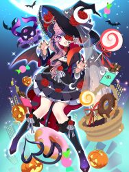  1girl absurdres asahi_illustrator bat_(animal) black_dress black_hat black_nails black_shoes bubi_(ironmouse) chocolate chocolate_donut claw_pose commentary doughnut dress english_commentary fangs flower flower_in_eye food full_moon hair_ornament hat highres ironmouse ironmouse_(witch) long_hair looking_at_viewer moon multicolored_hair nail_polish open_mouth pink_eyes pink_hair purple_streaks red_flower shoes smile solo star_(symbol) star_hair_ornament streaked_hair symbol_in_eye teeth tongue tongue_out upper_teeth_only virtual_youtuber vshojo witch_hat 
