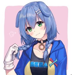  1girl absurdres animal_ears black_choker black_shirt blue_hair blue_jacket blush bone_hair_ornament braid braided_twintails choker closed_mouth commentary_request dog_ears double-parted_bangs gloves grabbing_own_hair green_eyes hair_between_eyes hair_ornament hairclip head_tilt highres holding holding_own_hair hololive hood hooded_jacket inugami_korone inugami_korone_(sonikoro) jacket long_hair looking_at_viewer low_twin_braids low_twintails o-ring o-ring_choker official_alternate_costume official_alternate_eye_color official_alternate_hair_color parallel_hairclips sega shirt smile solo traveler_(artbbt) twin_braids twintails twirling_hair upper_body virtual_youtuber white_gloves 