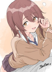  1girl absurdres bed_sheet blue_necktie blush breasts brown_hair brown_skirt brown_sweater commentary_request highres idolmaster idolmaster_shiny_colors long_hair long_sleeves looking_at_viewer lying medium_breasts necktie nicopieee on_stomach open_collar osaki_tenka plaid_clothes plaid_skirt pleated_skirt shirt signature skirt smile solo squeans sweater white_shirt 