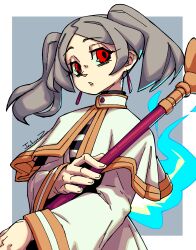 1girl bloody_marie_(skullgirls) border cloak commentary cosplay earrings english_commentary frieren frieren_(cosplay) gold_trim grey_hair highres holding holding_weapon jackoonz jewelry looking_at_viewer outside_border parted_lips red_eyes signature skullgirls solo sousou_no_frieren staff standing twintails upper_body weapon white_border 
