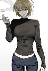  1girl absurdres black_shirt blonde_hair cigarette gintama highres holding holding_cigarette kkd_04 long_sleeves pants pink_eyes scar scar_on_face shirt short_hair simple_background smoking solo tsukuyo_(gintama) 