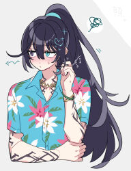  1boy aqua_eyes arm_tattoo black_hair blue_shirt blush bracelet closed_mouth commentary_request floral_print hawaiian_shirt heterochromia high_ponytail highres hong_lu_(project_moon) jewelry limbus_company long_hair looking_to_the_side male_focus neck_tattoo necklace ponytail project_moon shiki_(shikki46) shirt short_sleeves simple_background solo sweat tattoo tingtang_gang_(identity)_(project_moon) very_long_hair white_background 