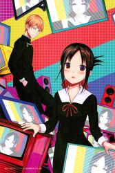  1boy 1girl absurdres akasaka_aka black_hair blonde_hair blue_eyes blush chest_ribbon collarbone collared_dress crt dress from_side hand_in_pocket highres kaguya-sama_wa_kokurasetai_~tensai-tachi_no_renai_zunousen~ long_sleeves looking_ahead non-web_source official_art okawaii_koto open_mouth school_uniform shinomiya_kaguya shirogane_miyuki short_hair shuuchiin_academy_school_uniform smile winter_uniform 