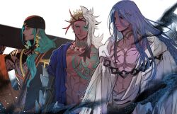  3boys ashoka_(fate) asymmetrical_hair azrael_(grand_assassin)_(fate) bags_under_eyes black_eyes black_hair black_turban blonde_hair blue_hair blue_tattoo chest_tattoo commentary_request dark-skinned_male dark_skin earrings facial_tattoo fate/grand_order fate_(series) flower_earrings hair_between_eyes hair_over_shoulder headband indian_clothes jewelry long_hair looking_at_viewer magatama magatama_necklace male_focus multicolored_hair multiple_boys neck_tattoo necklace open_mouth orange_eyes pectorals red_headband robe scar scar_on_chest scar_on_neck smile split-color_hair tattoo turban umisachi-hiko_(fate) upper_body white_background white_hair white_robe yayayakan 