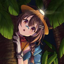  1girl :d absurdres animal_ears backpack bag bandaid bandaid_on_face bandaid_on_nose blue_bag bone_hair_ornament braid braided_twintails brown_eyes brown_hair commentary_request dog_ears double-parted_bangs ears_through_headwear extra_ears gloves hair_between_eyes hair_ornament hairclip head_tilt headlamp highres hololive inugami_korone leaning_to_the_side listener_(inugami_korone) long_hair looking_at_viewer low_twin_braids low_twintails mining_helmet night official_alternate_costume palm_tree parallel_hairclips peeking_out raised_eyebrows shirt smile solo spiked_gloves traveler_(artbbt) tree triangle_mouth twin_braids twintails upper_body virtual_youtuber white_gloves wonky_monkey yellow_shirt 