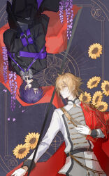  2boys absurdres black_jacket black_mask black_pants blonde_hair bound bound_arms card_(medium) commentary_request cowboy_shot flower fushimi_gaku highres jacket kenmochi_touya looking_at_another male_focus mask mole mole_under_eye mouth_mask multiple_boys nijisanji nomineus oversized_jacket pants purple_flower purple_hair rotational_symmetry short_hair sleeves_past_fingers sleeves_past_wrists sunflower tarot tarot_(medium) the_sun_(tarot) tied_up_(nonsexual) virtual_youtuber yellow_eyes yellow_flower 