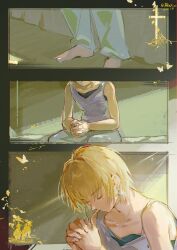  1boy absurdres blonde_hair closed_eyes closed_mouth dated dokex_xx earrings grey_pants grey_shirt hashtag-only_commentary highres hunter_x_hunter jewelry kurapika male_focus on_bed own_hands_clasped own_hands_together pants shirt short_hair sitting sleeveless sleeveless_shirt twitter_username waking_up 