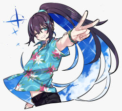  1boy aqua_eyes arm_up black_pants blue_shirt bracelet commentary cowboy_shot floral_print grin hawaiian_shirt highres hong_lu_(project_moon) jewelry limbus_company looking_at_viewer necklace one_eye_closed pants project_moon shiki_(shikki46) shirt simple_background smile solo sparkle tingtang_gang_(identity)_(project_moon) v white_background 