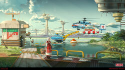  2girls aircraft child clouds dress grass helicopter highres hose multiple_girls outdoors russian_text science_fiction sion005 sky star_(symbol) tagme water 