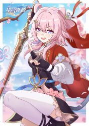  1girl :d bell black_gloves blue_eyes blue_sky cherry_blossoms chinese_clothes chinese_commentary clouds cloudy_sky commentary_request day fingerless_gloves gloves hair_between_eyes hair_ornament hasana highres holding holding_sword holding_weapon honkai:_star_rail honkai_(series) leg_up long_hair long_sleeves looking_at_viewer march_7th_(honkai:_star_rail) march_7th_(hunt)_(honkai:_star_rail) open_mouth petals pink_hair shuangyaji sky smile solo standing standing_on_one_leg sword thigh-highs v-shaped_eyebrows weapon white_thighhighs 