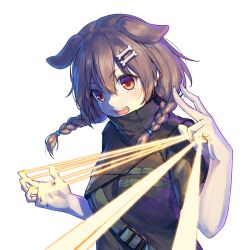  :d absurdres akito_(ghostwire) akito_(ghostwire)_(cosplay) animal_ears bone_hair_ornament braid braided_twintails brown_eyes brown_hair cosplay dog_ears double-parted_bangs fangs finger_beam ghostwire:_tokyo hair_between_eyes hair_ornament hairclip high_collar highres hololive inugami_korone long_hair low_twin_braids low_twintails open_mouth parallel_hairclips short_sleeves simple_background smile transparent_background traveler_(artbbt) twin_braids twintails upper_body v-shaped_eyebrows virtual_youtuber 