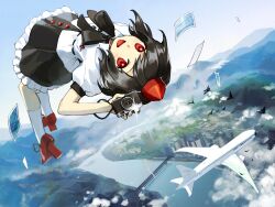  1girl :d aircraft airplane belt black_belt black_bow black_bowtie black_hair black_skirt bow bowtie camera commentary_request frilled_skirt frills hat highres holding holding_camera kaigen_1025 photo_(object) puffy_short_sleeves puffy_sleeves red_eyes red_hat shameimaru_aya shirt short_hair short_sleeves skirt smile socks solo tokin_hat touhou white_shirt white_socks 