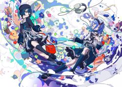  2girls bandaid bandaid_on_face blue_eyes blue_hair ciel_(kamitsubaki_studio) commentary_request dress full_body hair_ornament hairclip highres kamitsubaki_studio medium_hair multiple_girls ritao_kamo sinsekai_record sooda_(sinsekai) virtual_youtuber 