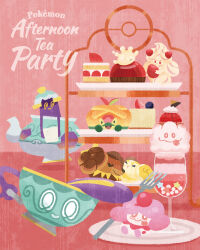  ^_^ alcremie alcremie_(strawberry_sweet) alcremie_(vanilla_cream) appletun cake cake_slice closed_eyes closed_mouth commentary_request cup dachsbun english_text fidough food fork fruit glass highres holding holding_food holding_fruit in_container in_cup milcery naco_oekaki no_humans nostrils open_mouth parfait pink_background plate poke_ball_symbol pokemon pokemon_(creature) pokemon_focus polteageist red_eyes sinistea sitting slurpuff smile solid_oval_eyes strawberry strawberry_cake sugar_cube swirlix teacup teapot tongue tongue_out white_eyes 