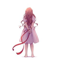  1girl barefoot bloom brown_hair commentary dress facing_away from_behind full_body hashtag-only_commentary israel-hamas_war long_hair medium_dress original own_hands_together pluvias puffy_short_sleeves puffy_sleeves red_ribbon ribbon selena_(pluvias) short_sleeves standing white_background white_dress with_handala_pose wrist_ribbon 