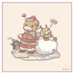  animal animal_focus bear boned_meat border bow bowtie brown_shoes chigu christmas closed_eyes closed_mouth commentary_request dog food fur-trimmed_headwear fur-trimmed_jacket fur-trimmed_pants fur-trimmed_sleeves fur_trim green_bow green_bowtie hat highres house jacket long_sleeves lying meat no_humans on_back open_mouth original outdoors pants red_hat red_jacket red_pants sack santa_costume santa_hat shoes simple_background sleeping speech_bubble spoken_food squiggle thought_bubble twitter_username white_border 