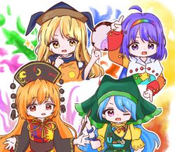  4girls ahoge apron arm_ribbon arm_up belt black_dress black_hat blonde_hair blue_dress blue_hair blue_hairband blue_hat bow breast_pocket breasts brown_belt buttons chinese_clothes cloak commentary constellation_print crescent crescent_print dalachi_(headdress) detached_sleeves dress drum energy flower frills green_apron green_belt green_bow green_dress green_hairband green_headscarf hair_between_eyes hairband hand_on_own_hip hand_up hands_up haniyasushin_keiki hat headscarf holding holding_tool index_finger_raised instrument jewelry junko_(touhou) lapels leaf long_hair long_sleeves looking_at_viewer magatama magatama_necklace mandarin_collar matara_okina medium_breasts multicolored_dress multicolored_hairband multiple_girls neck_ribbon necklace one_eye_closed open_mouth orange_dress orange_hair orange_hairband orange_sleeves orange_tabard parted_bangs patchwork_clothes phoenix_print pink_eyes pocket pom_pom_(clothes) puffy_long_sleeves puffy_short_sleeves puffy_sleeves purple_hair purple_hairband red_dress red_eyes red_hairband red_tabard ribbon shirt short_hair short_sleeves sidelocks simple_background sky_print stage_connection star_(symbol) tabard tassel tenkyuu_chimata touhou tsuzumi turtleneck turtleneck_dress uiwateko upper_body v-shaped_eyebrows violet_eyes wavy_hair white_background white_cloak white_flower white_shirt wide_sleeves wood_carving_tool yellow_dress yellow_eyes yellow_hairband yellow_ribbon 