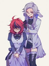  2boys 2girls ahoge alternate_costume animal_ears aotsuki_eito belt black_boots black_bow black_bowtie black_gloves black_hair black_shorts blue_dress blue_eyes blue_ribbon boots borrowed_design bow bowtie braiding_another's_hair brooch buttons chinese_commentary coat commentary_request crying crying_with_eyes_open diamond_brooch dress e880444865 film_grain frilled_sleeves frills frown genderswap genderswap_(mtf) glasses gloves grey_eyes grey_hair grey_thighhighs grey_vest hair_between_eyes hair_ribbon highres jewelry juliet_sleeves kemonomimi_mode lace-up_boots long_hair long_sleeves lop_rabbit_ears medium_hair multicolored_hair multiple_boys multiple_girls open_clothes open_coat open_mouth own_hands_together puffy_sleeves rabbit_ears red_hair ribbon ring round_eyewear shirt shorts simple_background sitting smile streaked_hair sumino_takumi tears the_hundred_line_-last_defense_academy- thigh-highs thigh_boots two-tone_hair variant_set vest white_background white_belt white_coat white_shirt wide-eyed 