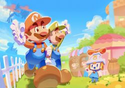  1girl :d arm_at_side arm_up big_nose blue_eyes blue_overalls blue_sky brothers brown_eyes brown_hair brown_shoes clenched_hand clouds connie_(mario) day fence flower foreshortening green_hat hashtag-only_commentary hat highres initial legs_apart long_sleeves luigi mario mario_&amp;_luigi:_brothership mario_&amp;_luigi_rpg monyorun no_pupils open_mouth outdoors overalls purple_toad_(mario) red_hat red_shirt salute shirt shoes short_hair siblings sideburns sky smile super_mario_bros. twitter_username walking yellow_flower yellow_toad_(mario) 