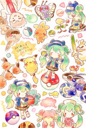  1boy 1girl absurdres badge badge_(pokemon) bellsprout butterfree colored_pencil_(medium) commentary_request dodrio gabite great_ball green_hair hatsune_miku highres holding holding_pokemon luxury_ball master_ball mirai_donna_darou_(vocaloid) miraidon multiple_views nest_ball onix painting_(medium) pikachu poke_ball pokemon pokemon_(creature) professor_oak project_voltage sirfetch'd squirtle tatsugiri torchic traditional_media twintails ultra_ball vocaloid watercolor_(medium) yukichi_0611 