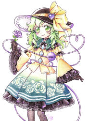  1girl black_hat blush bow brown_pantyhose buttons closed_mouth collared_shirt colored_pencil_(medium) commentary_request diamond_button eyeball fishnet_gloves fishnets floral_print flower frilled_shirt_collar frilled_skirt frilled_sleeves frills gloves green_eyes green_hair green_skirt hat hat_bow heart heart-shaped_pupils heart_of_string holding holding_flower komeiji_koishi lace-trimmed_skirt lace-trimmed_sleeves lace_trim long_hair long_sleeves looking_at_viewer miy_001 multicolored_skirt pantyhose print_skirt purple_flower purple_rose rose rose_print shirt signature simple_background skirt smile solo symbol-shaped_pupils third_eye touhou traditional_media white_background wide_sleeves yellow_bow yellow_shirt 